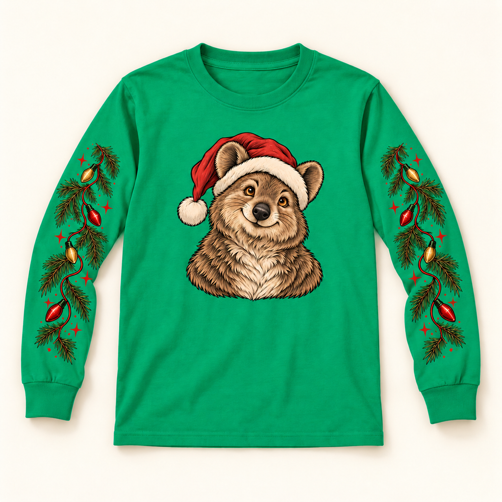 Feeling Nice Kelly green youth holiday shirt flat lay with bear and sleeve prints