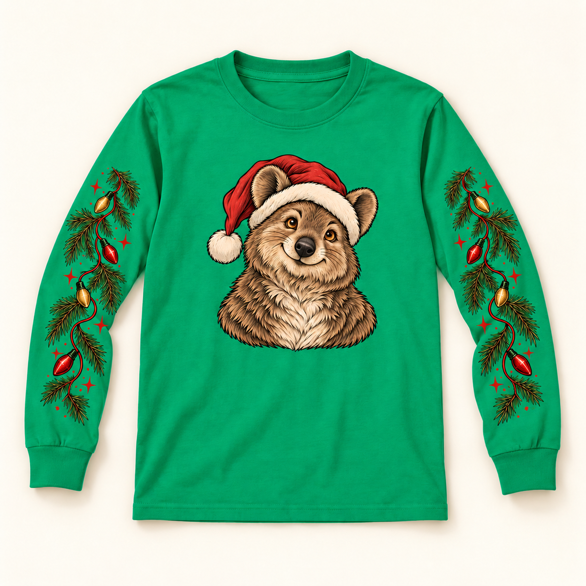 Feeling Nice Kelly green youth holiday shirt flat lay with bear and sleeve prints