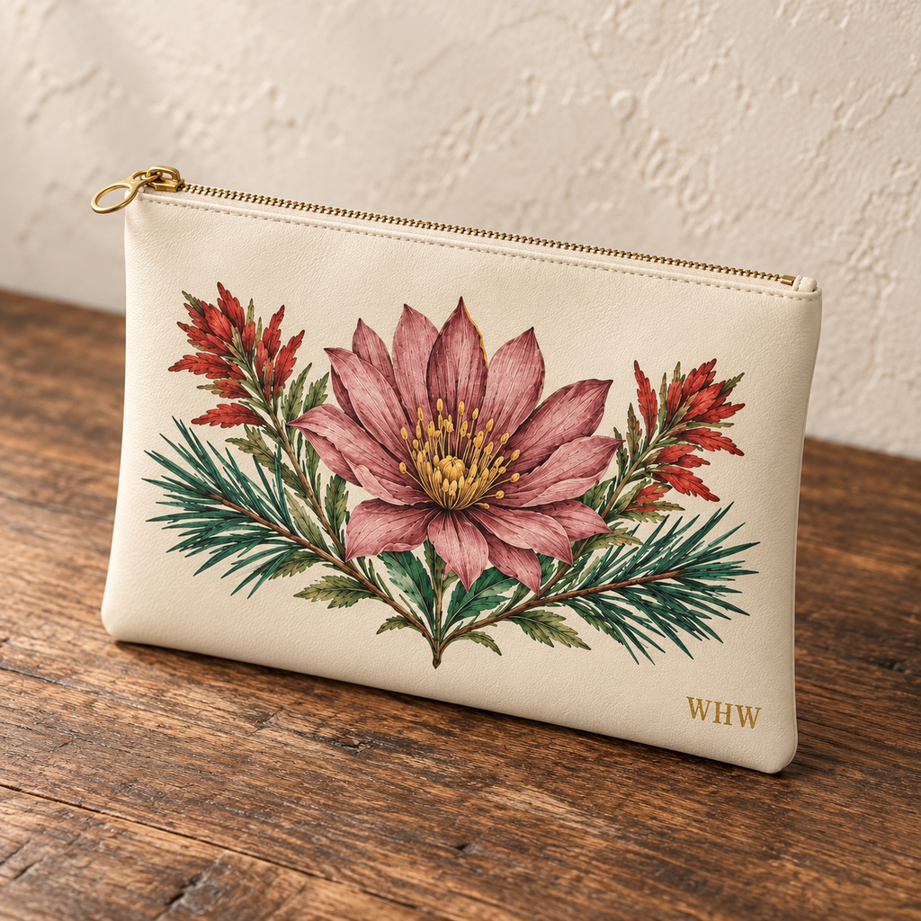 Cream High Meadow botanical leather clutch — angled studio view