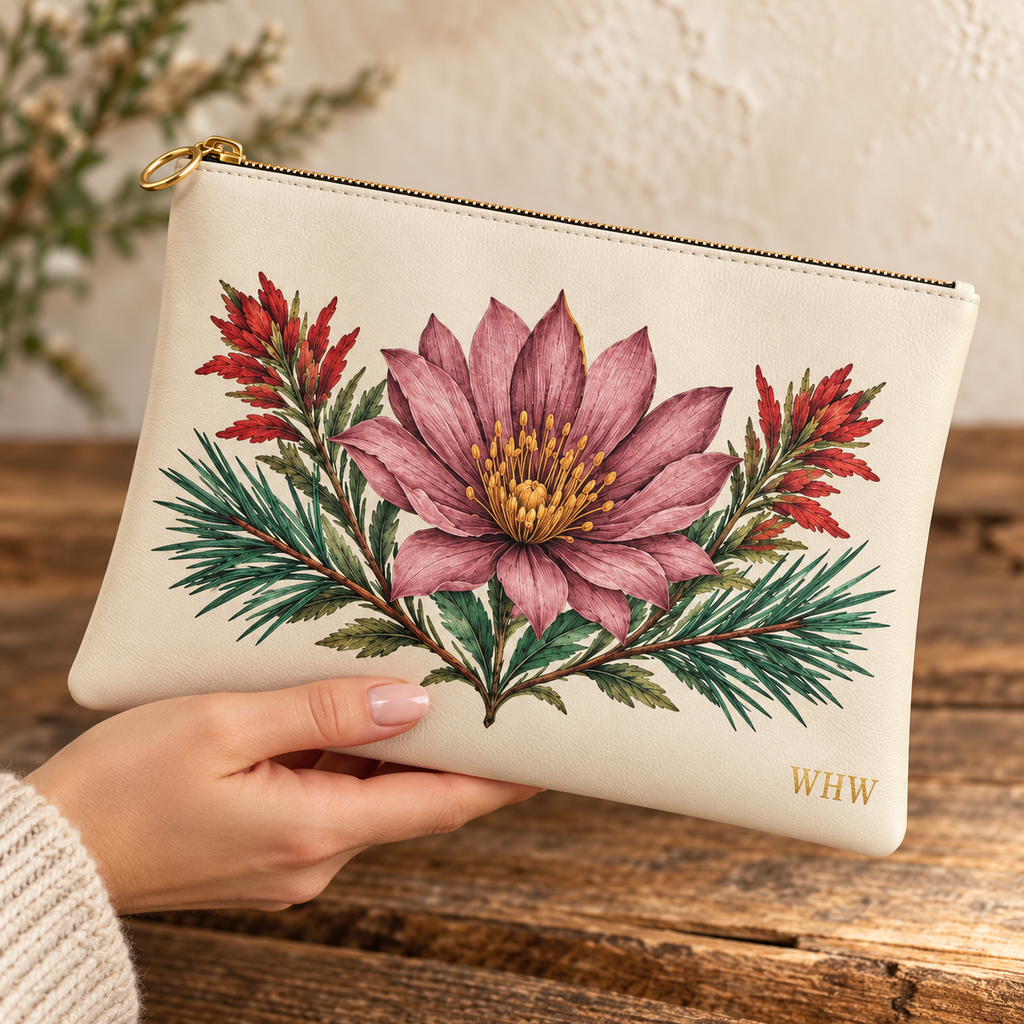 Cream High Meadow botanical leather clutch — hand-held view