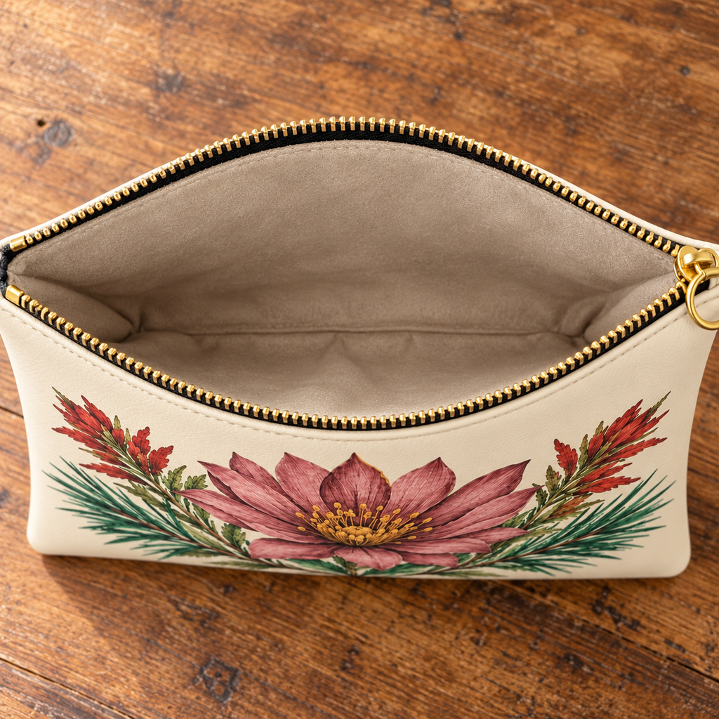 Cream High Meadow botanical leather clutch — open interior and lining