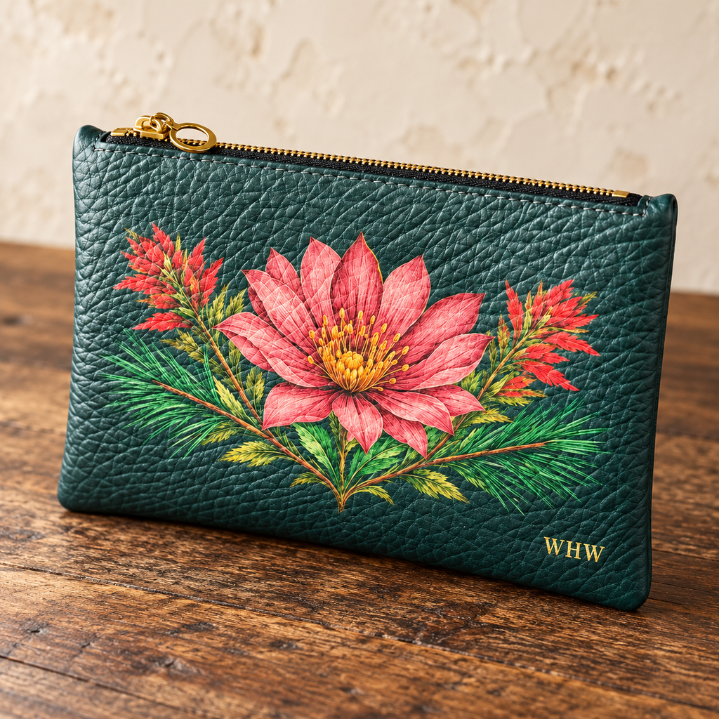 Blue-green High Meadow botanical leather clutch — angled studio view