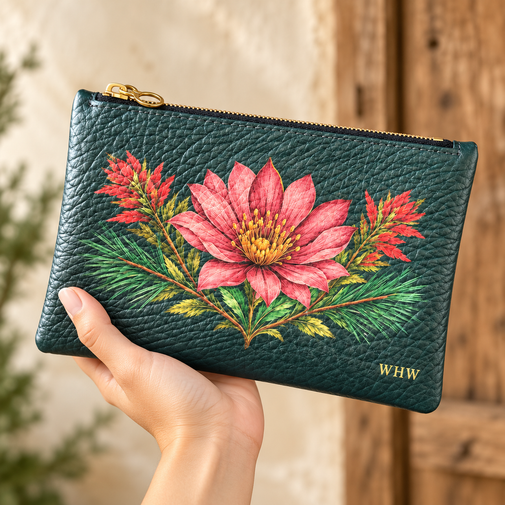 Blue-green High Meadow botanical leather clutch — hand-held view