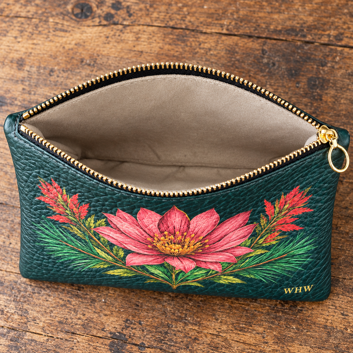 Blue-green High Meadow botanical leather clutch — open interior and lining