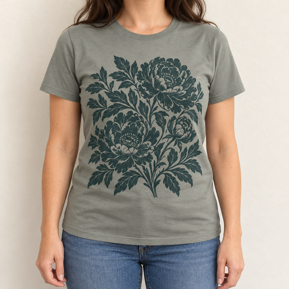 sage peony tee worn view without face mock-up