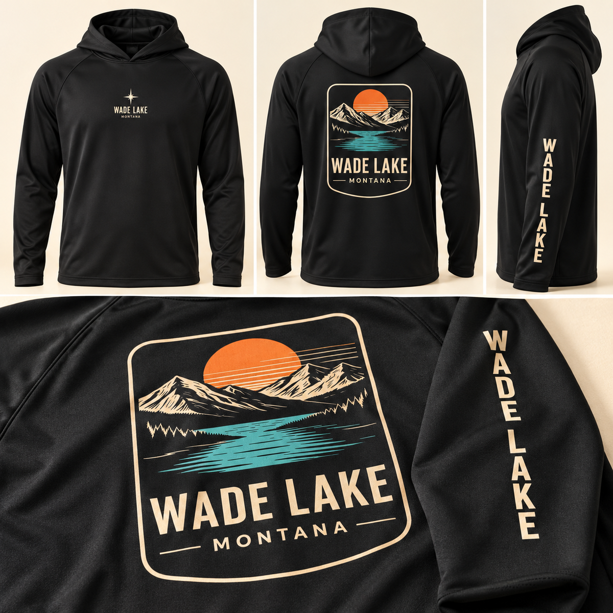 Wade Lake performance hoodie chest, back and sleeve artwork detail