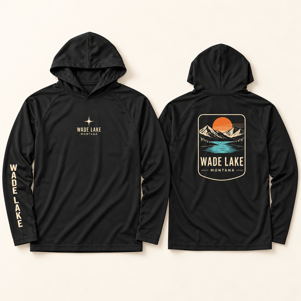 Wade Lake black performance hoodie studio front and back with sleeve lettering