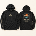 Wade Lake black performance hoodie studio front and back with sleeve lettering