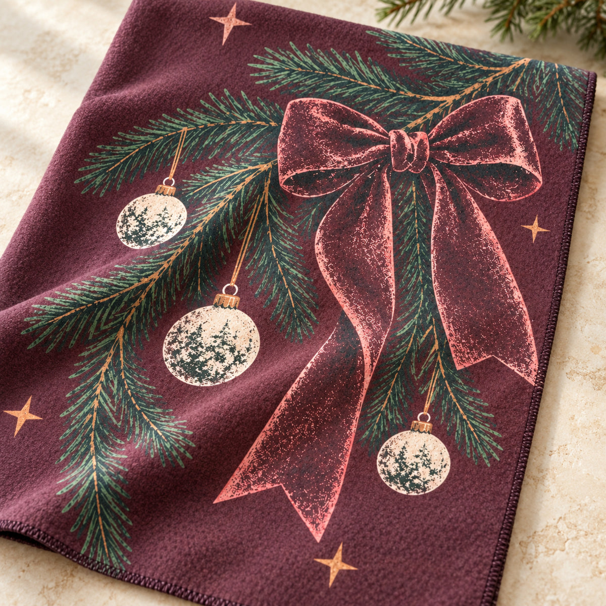 Christmas Pine Branch tea towel fabric and artwork close-up