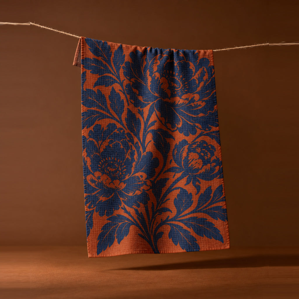 Navy Floral Damask Microfiber Tea Towel | Rust Background — hero photo