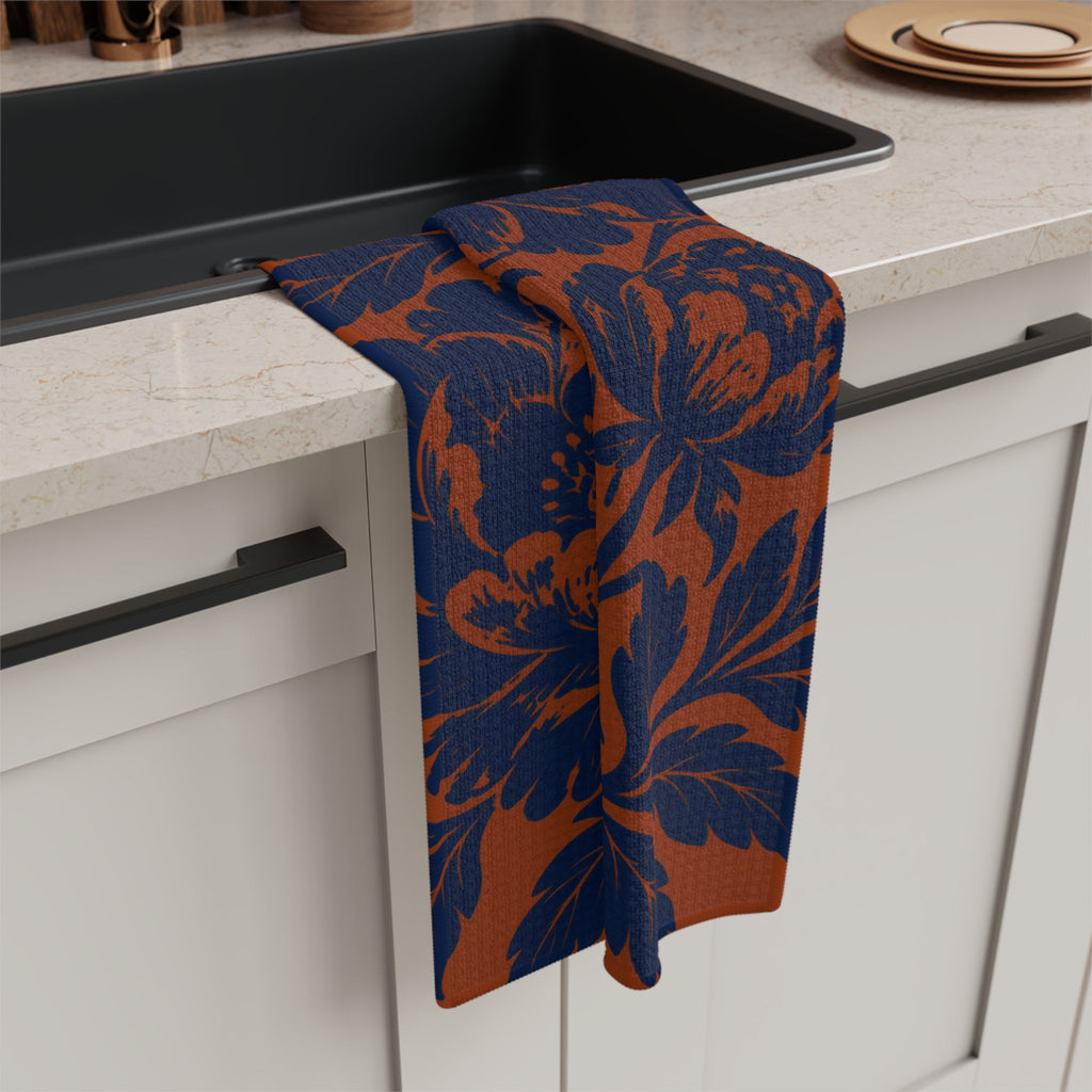Navy Floral Damask Microfiber Tea Towel | Rust Background — product photo 3