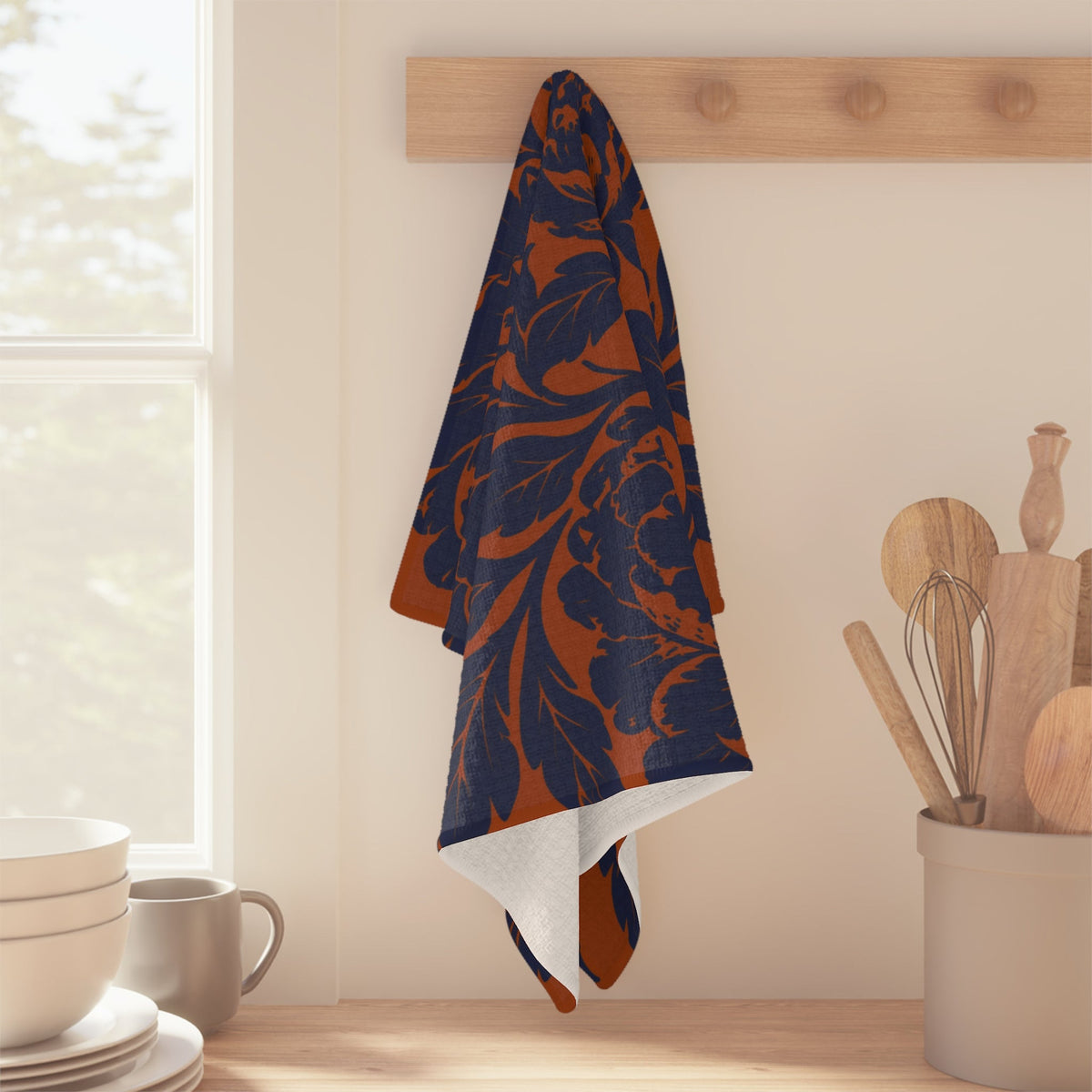 Navy Floral Damask Microfiber Tea Towel | Rust Background — product photo 4