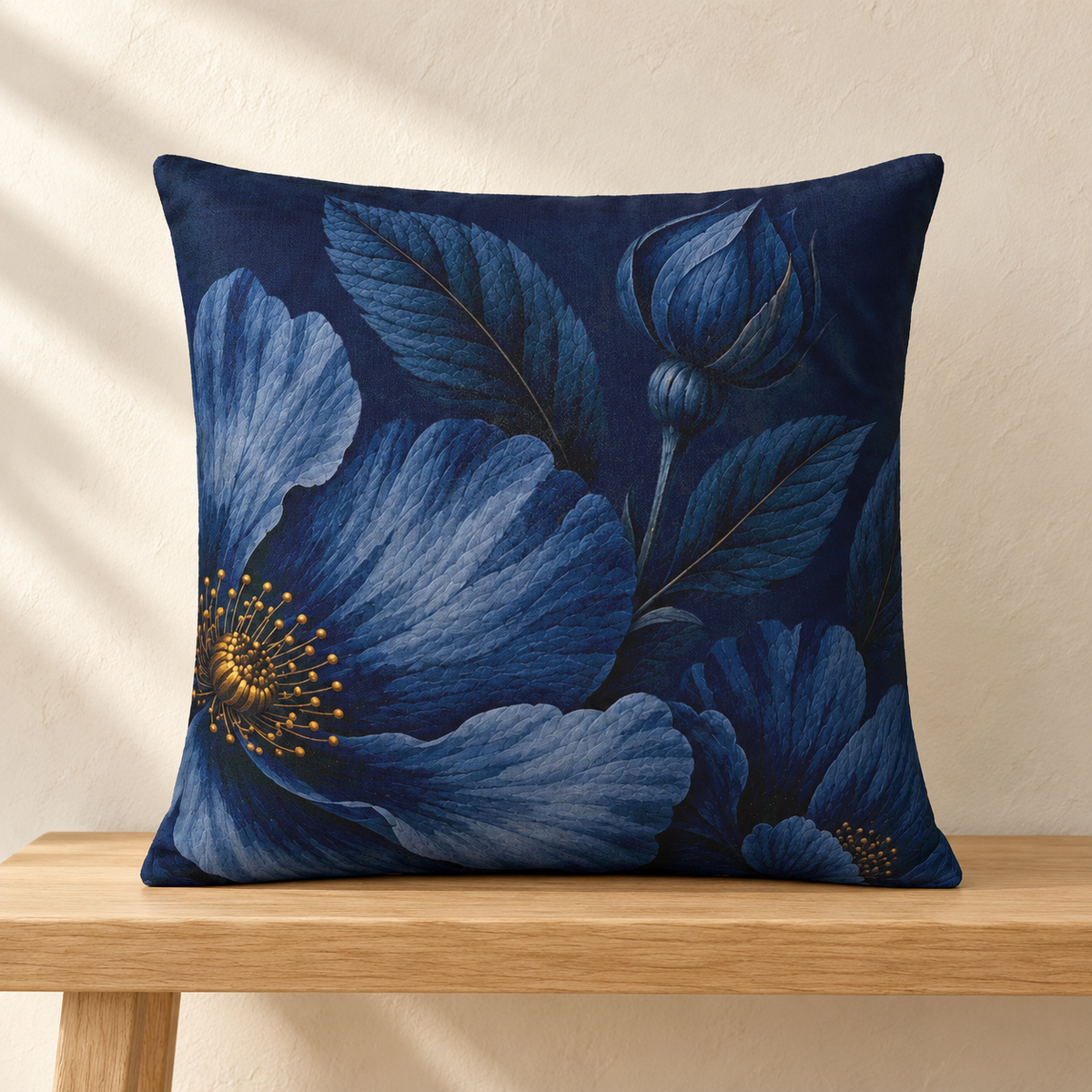 Indigo floral pillow styled on an oak bench