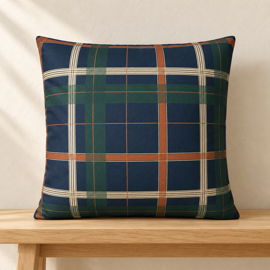 Navy plaid pillow styled on an oak bench