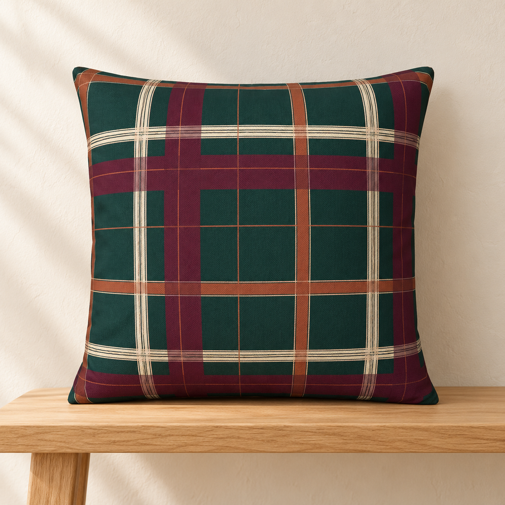 Merlot plaid pillow styled on an oak bench