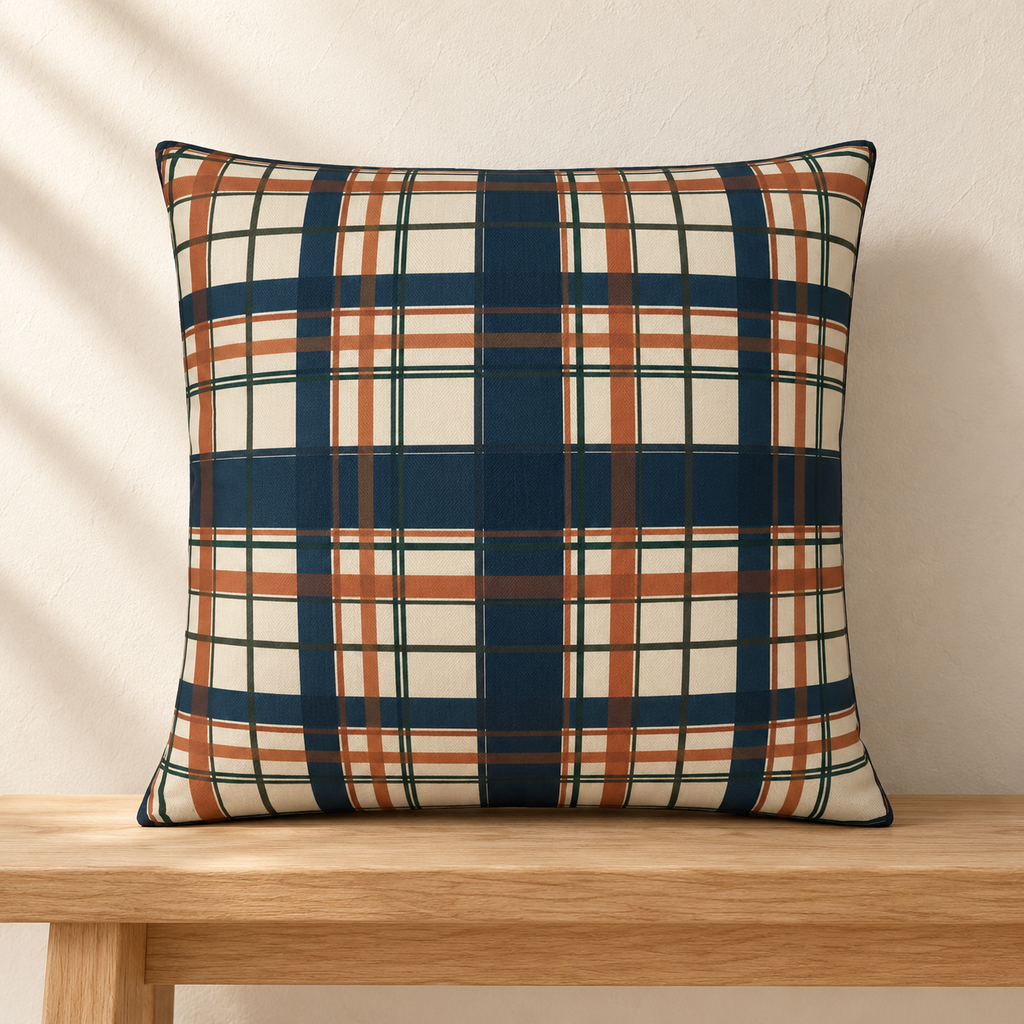Cream plaid pillow styled on an oak bench