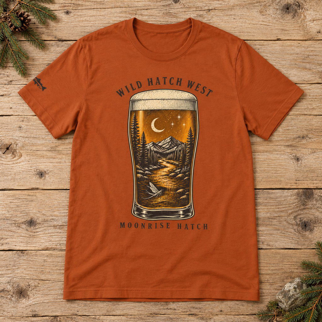 Moonrise Hatch Beer Pint T-Shirt, Autumn or Olive — styled flat lay