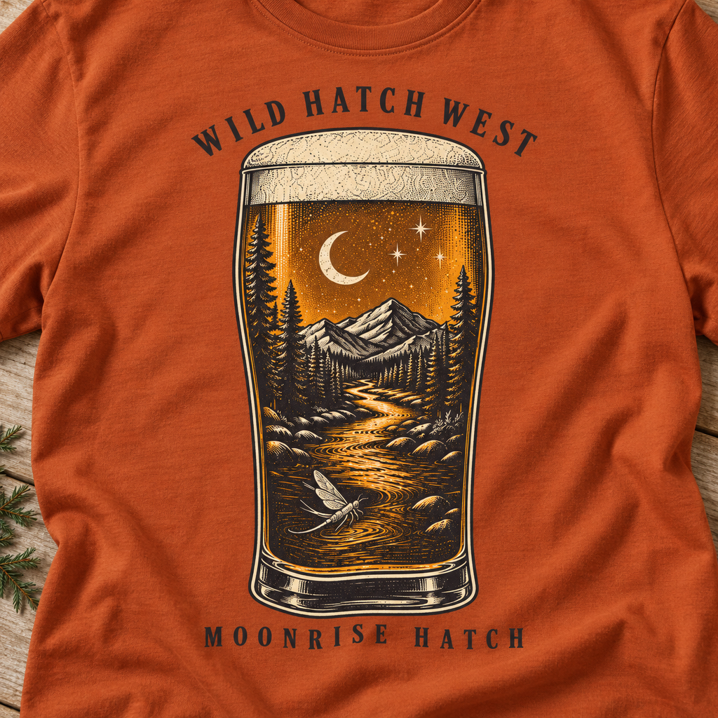 Moonrise Hatch Beer Pint T-Shirt, Autumn or Olive — artwork close-up