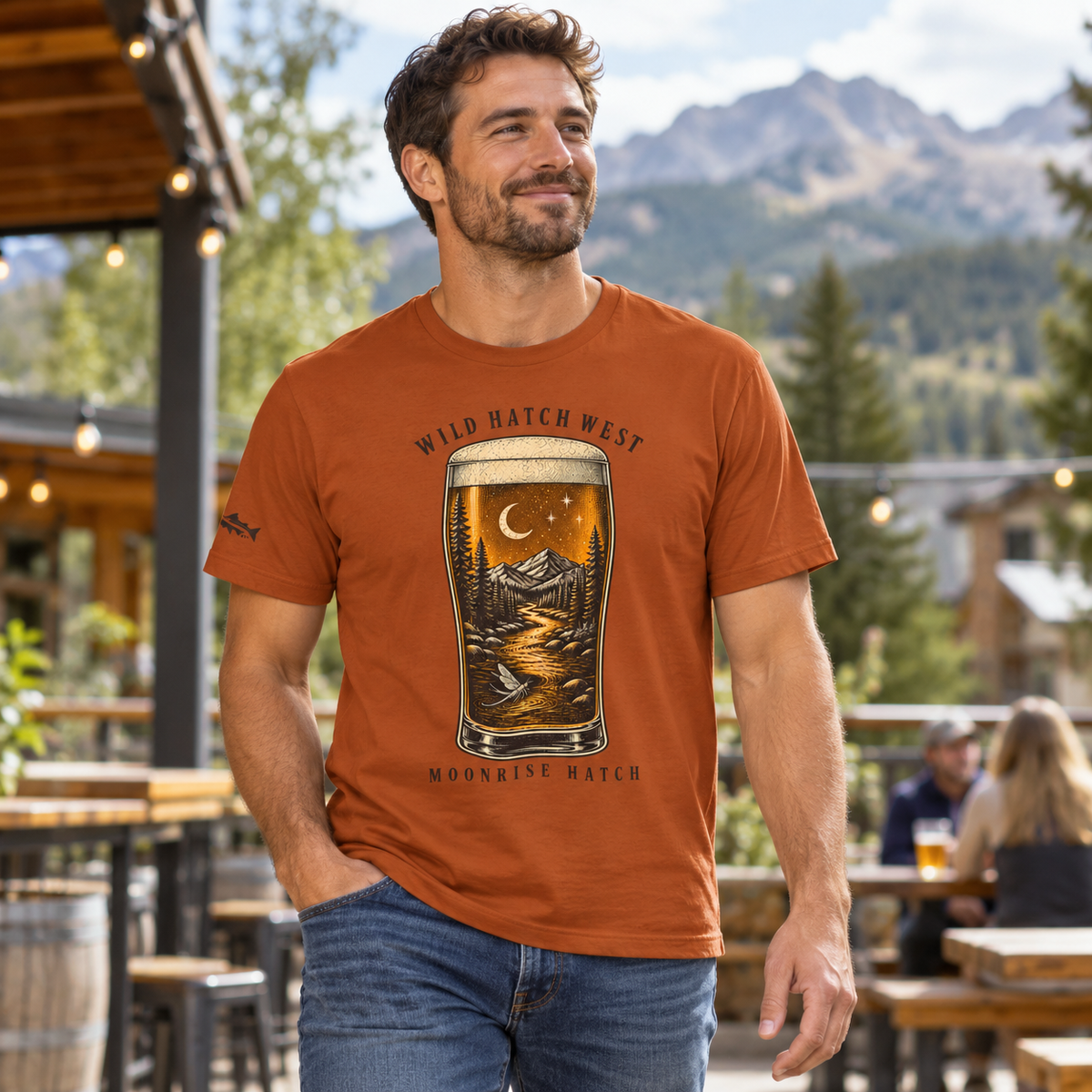 Moonrise Hatch Beer Pint T-Shirt, Autumn or Olive — lifestyle modeled view