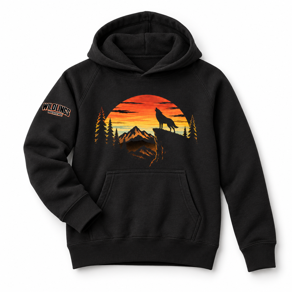 Wade's Sunset Wolf Youth Hoodie — Black front flat lay mock-up