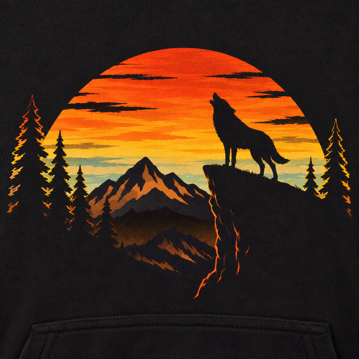 Wade's Sunset Wolf Youth Hoodie — Sunset wolf artwork close-up mock-up