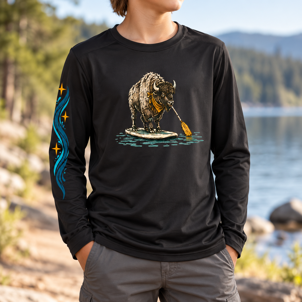 Paddle Bison Active Kids Long-Sleeve — Youth worn view mock-up