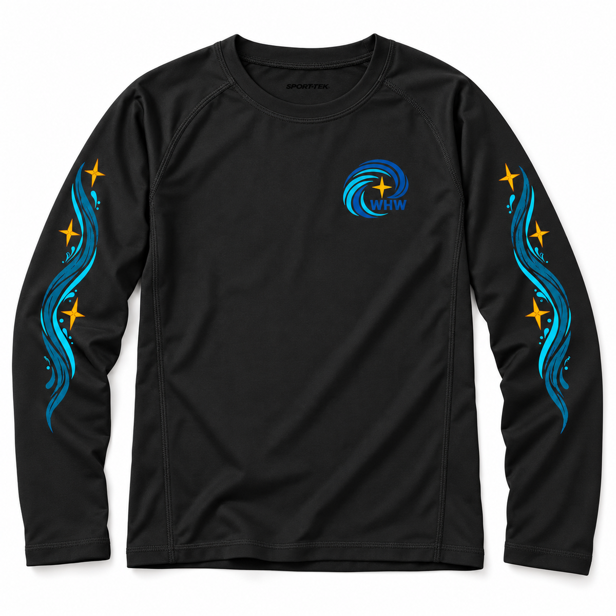 Youth WHW Rashguard — Black front flat lay with sleeve artwork mock-up