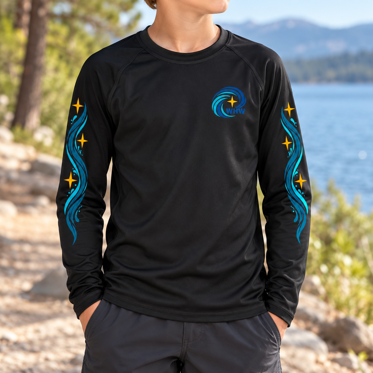 Youth WHW Rashguard — Youth worn view mock-up