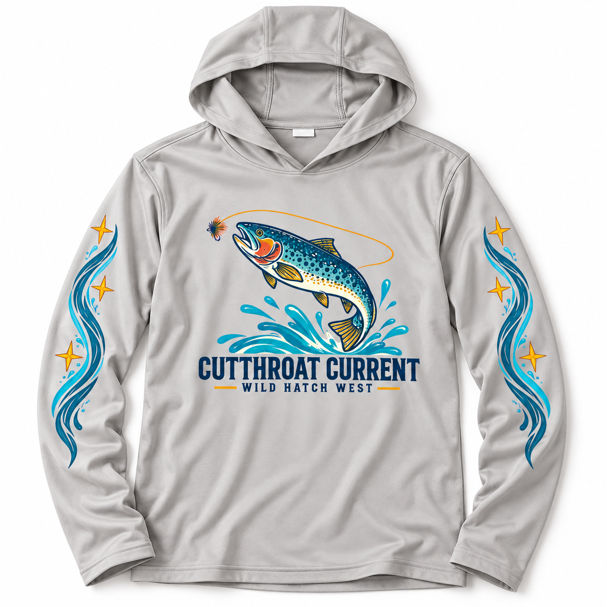 Youth Cutthroat Current SPF Hoodie — Silver front flat lay with sleeve artwork mock-up