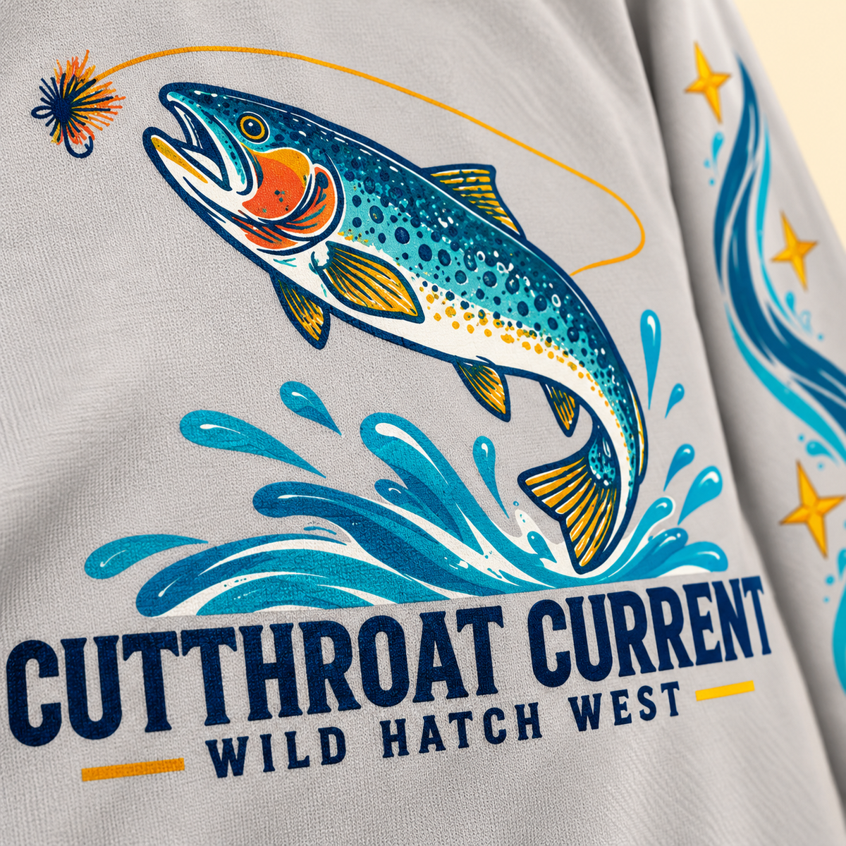 Youth Cutthroat Current SPF Hoodie — Trout artwork close-up mock-up