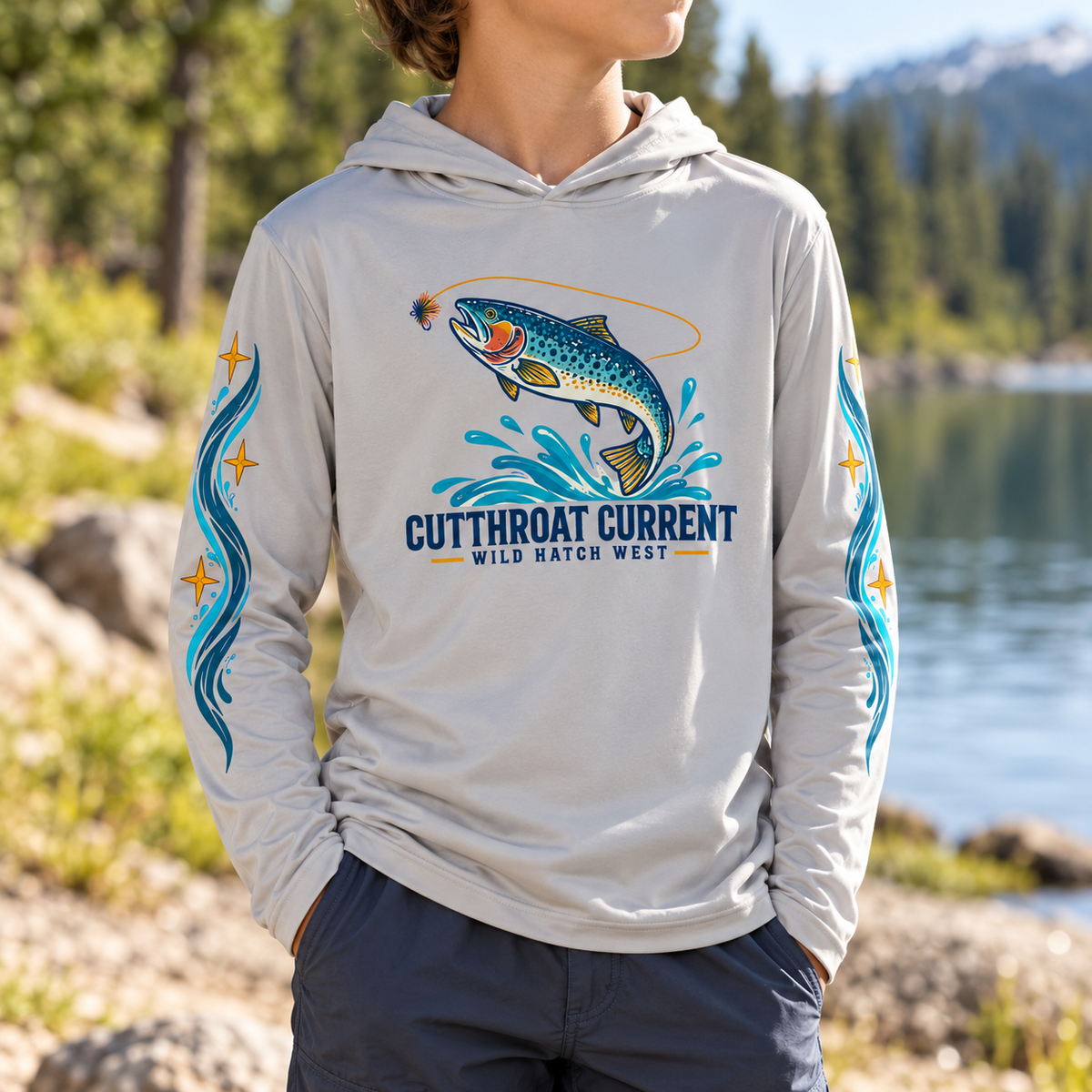 Youth Cutthroat Current SPF Hoodie — Youth front worn view mock-up