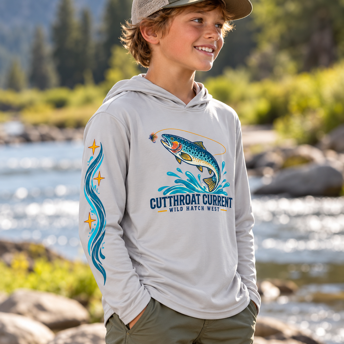Youth Cutthroat Current SPF Hoodie — Youth side worn view mock-up