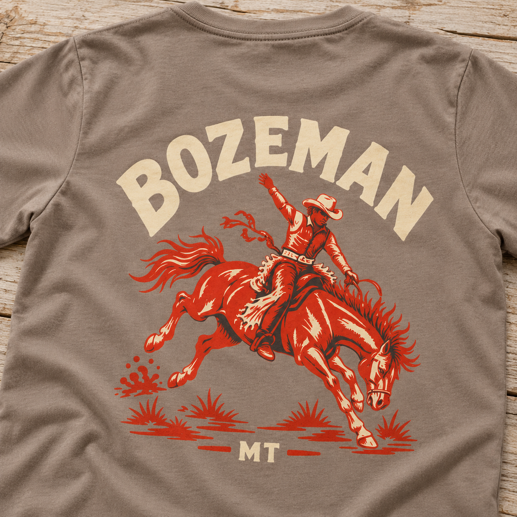 Bozeman Rodeo Women’s Tee — Bucking Bronco Graphic — artwork close-up