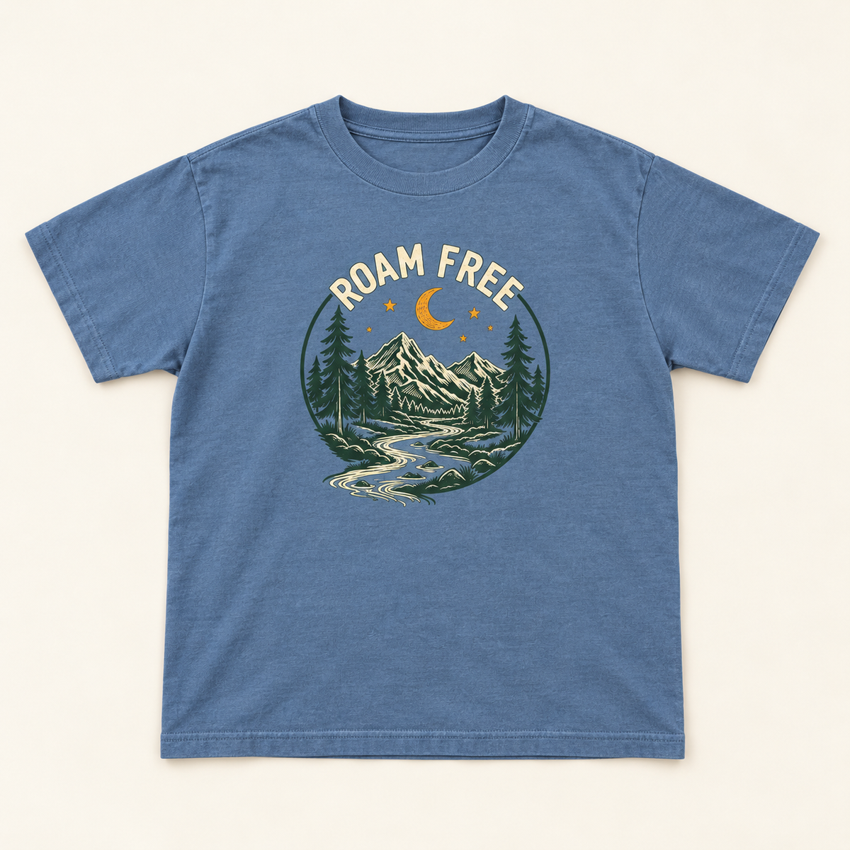 Roam Free Youth Tee — Blue Jean flat lay mock-up