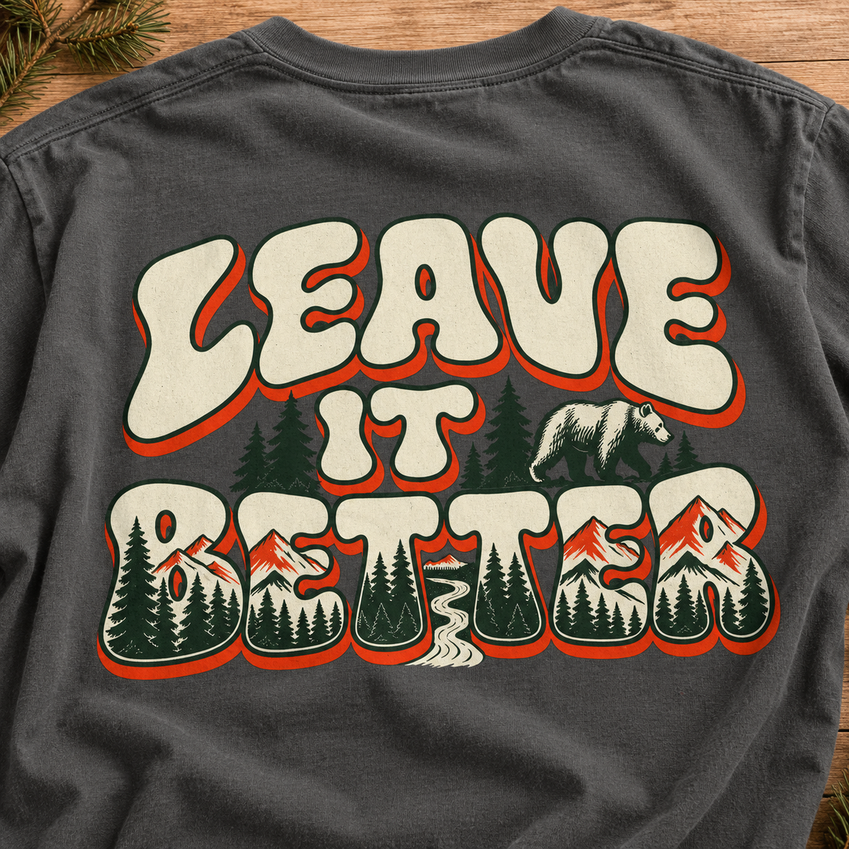 Leave It Better T-Shirt — Eco Outdoors Graphic Tee — artwork close-up