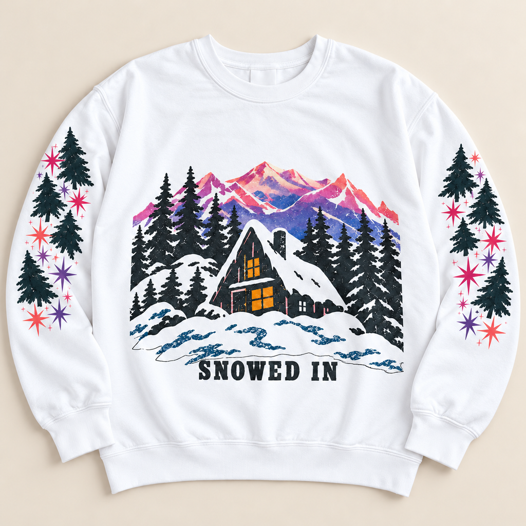 Cozy Mountain Winter Crewneck — styled flat lay