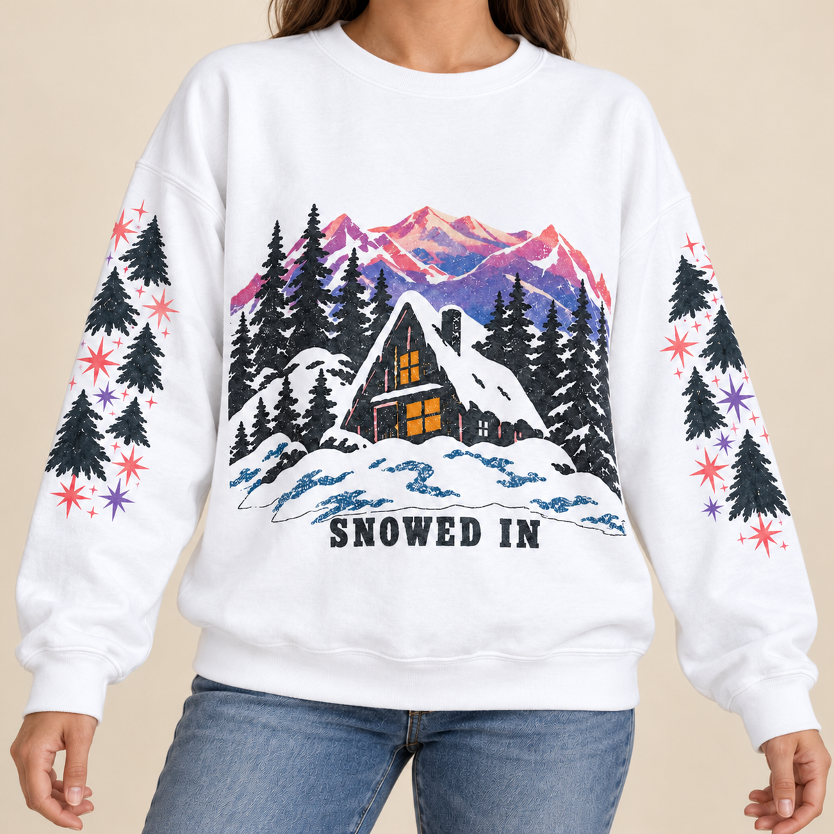 Cozy Mountain Winter Crewneck — lifestyle modeled view