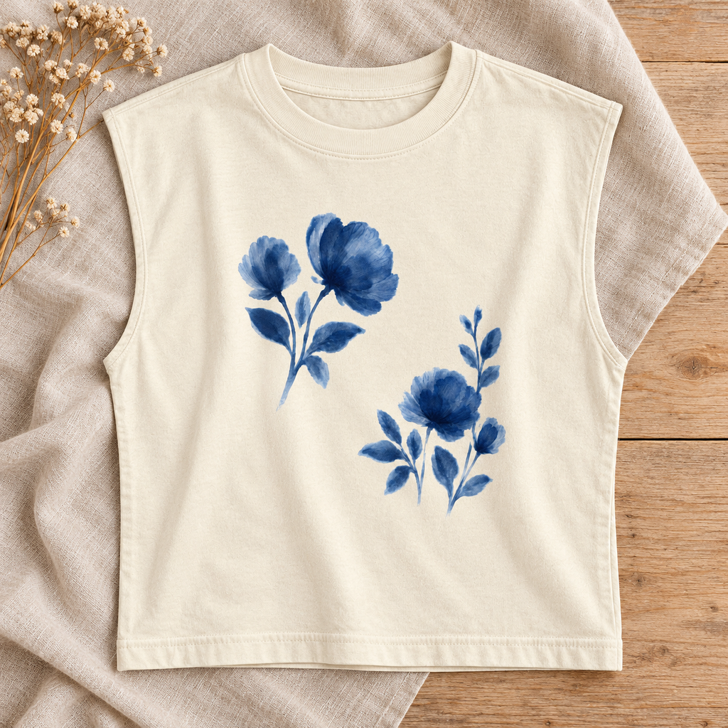 Women's Blue Watercolor Floral Muscle Tee — styled flat lay