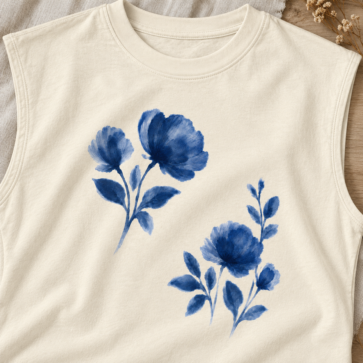 Women's Blue Watercolor Floral Muscle Tee — artwork close-up