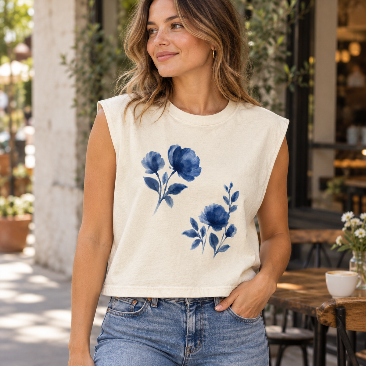 Women's Blue Watercolor Floral Muscle Tee — lifestyle modeled view