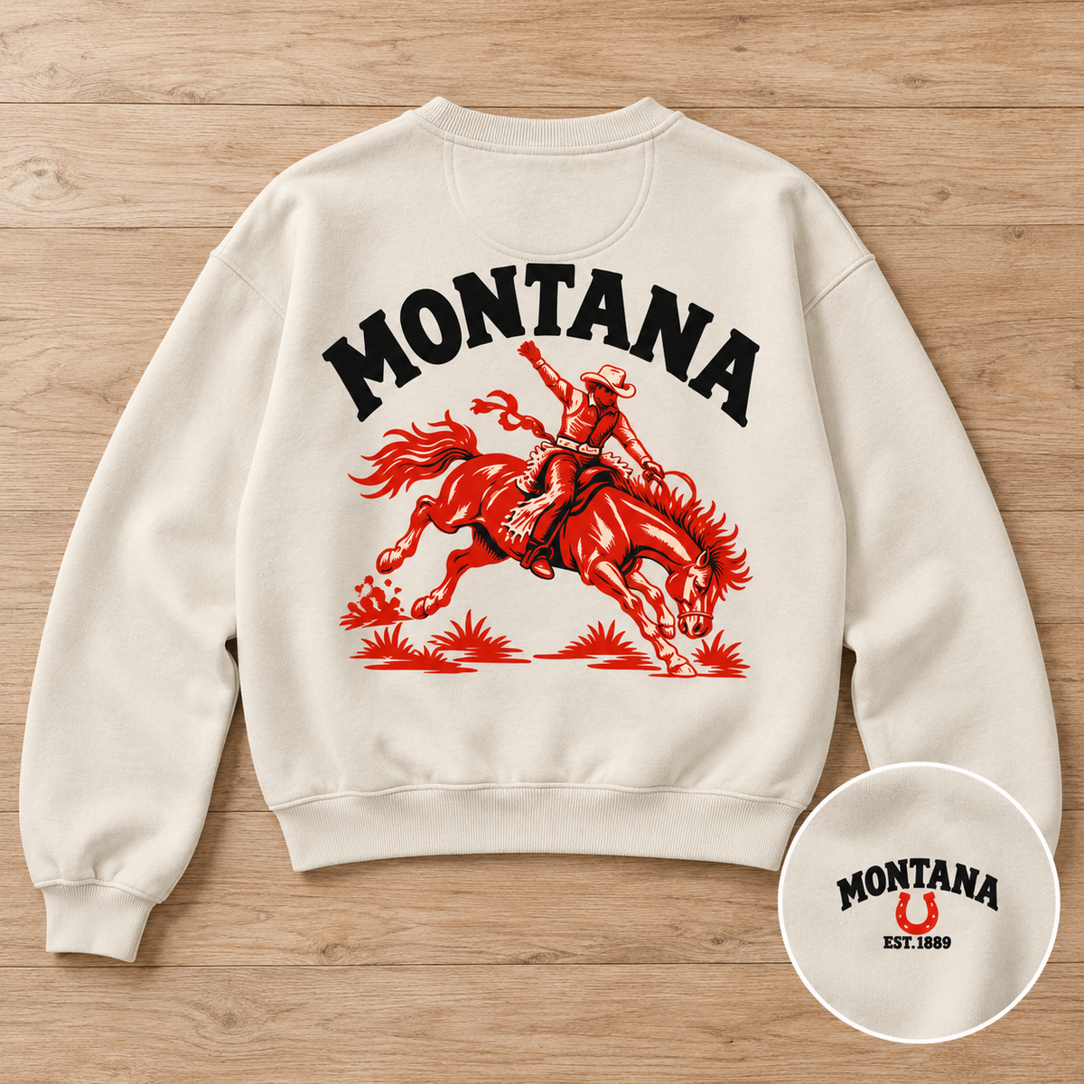Montana Bronco Sweatshirt — Back flat lay with front emblem inset mock-up