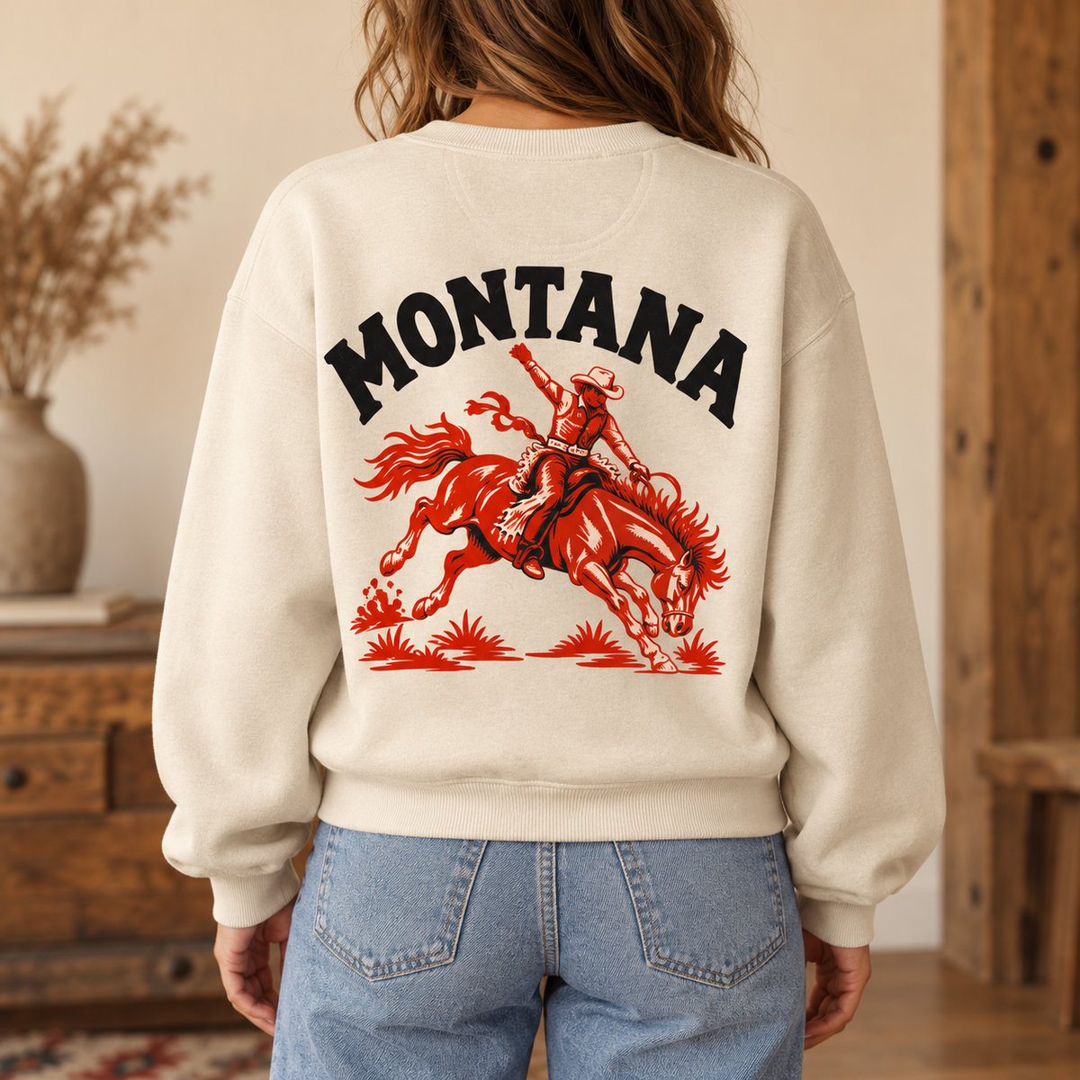 Montana Bronco Sweatshirt — Worn back view mock-up