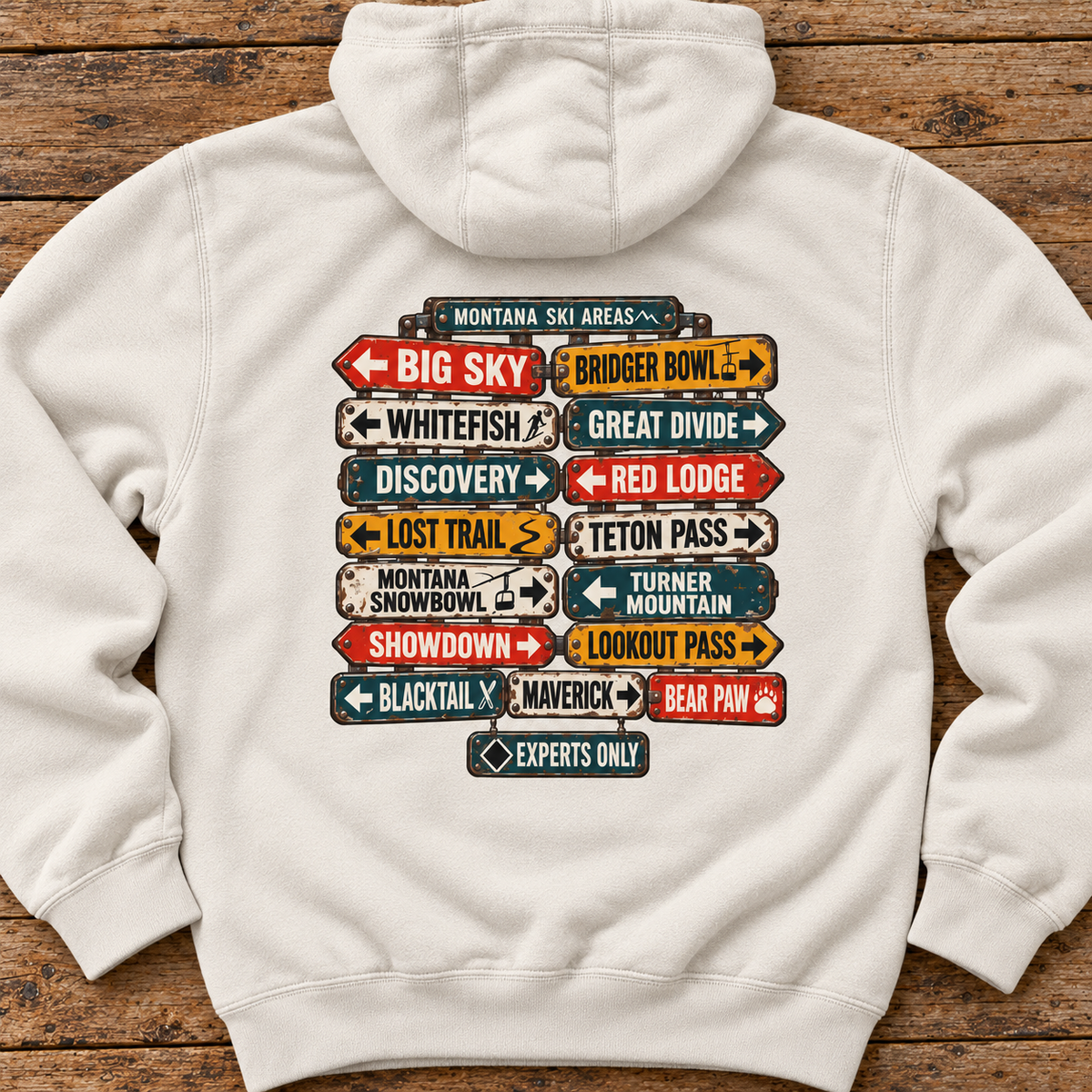 Ski Montana Resort Signs Hoodie — Back flat lay on wood mock-up