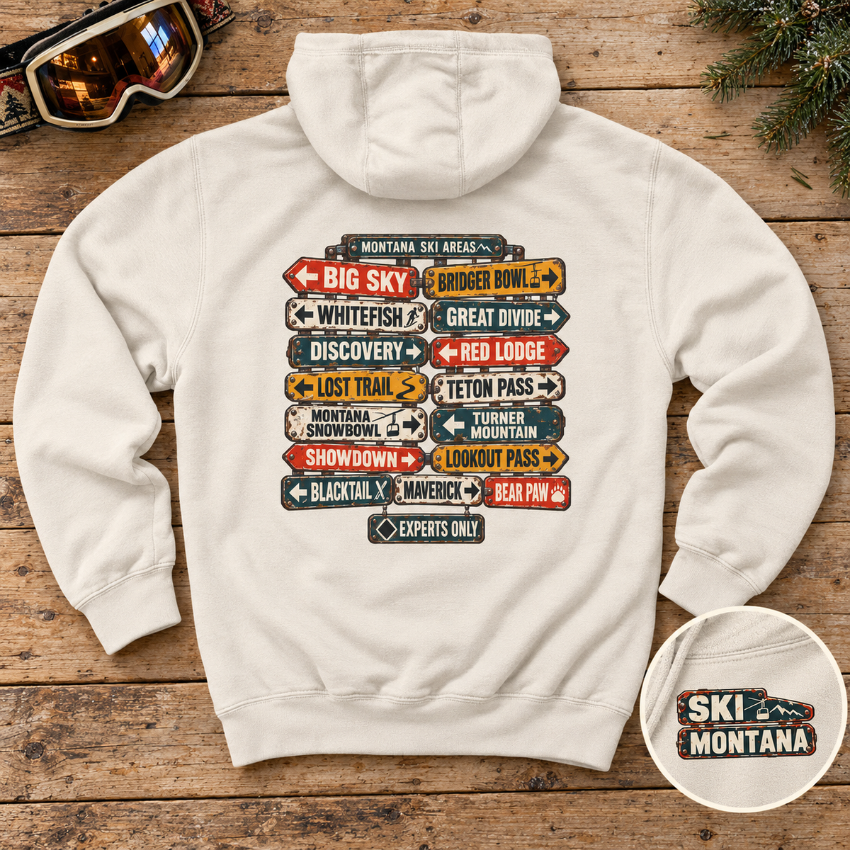 Ski Montana Resort Signs Hoodie — styled product mockup