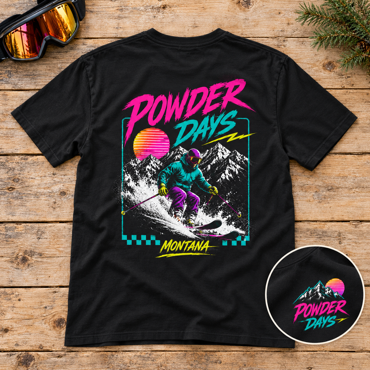 Powder Days T-Shirt — Vintage Ski Graphic Tee (Montana) — styled product mockup