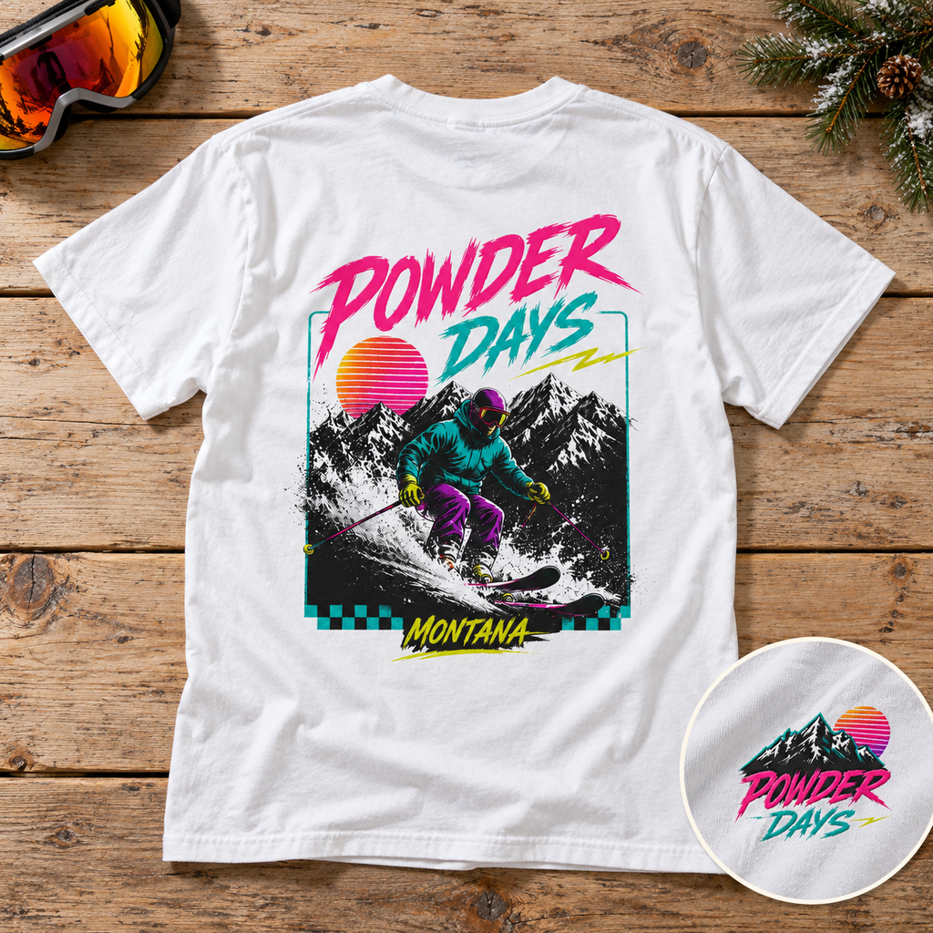 Powder Days T-Shirt — Vintage Ski Graphic Tee (Montana) — styled product mockup