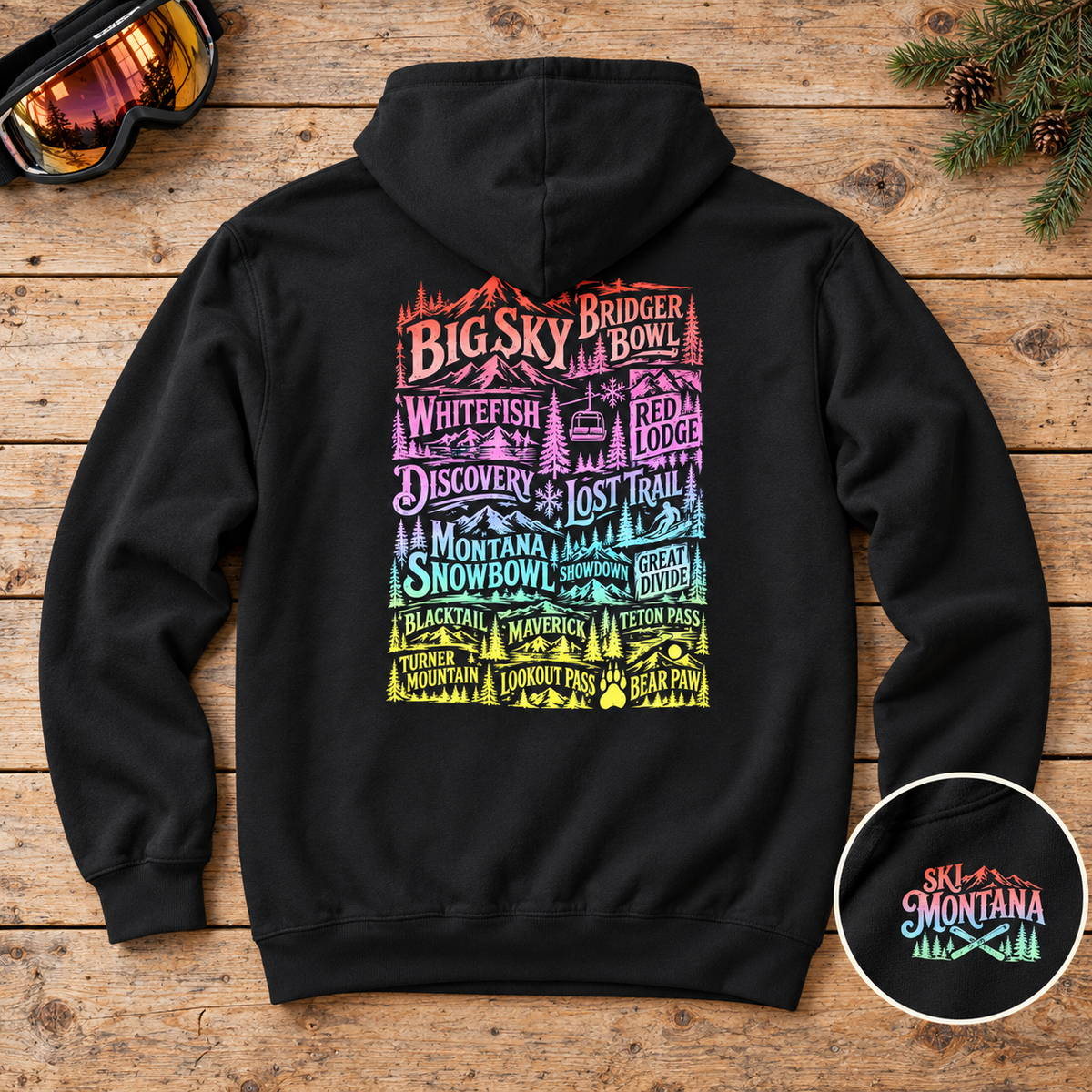 Ski Montana Resort Hoodie — styled flat lay