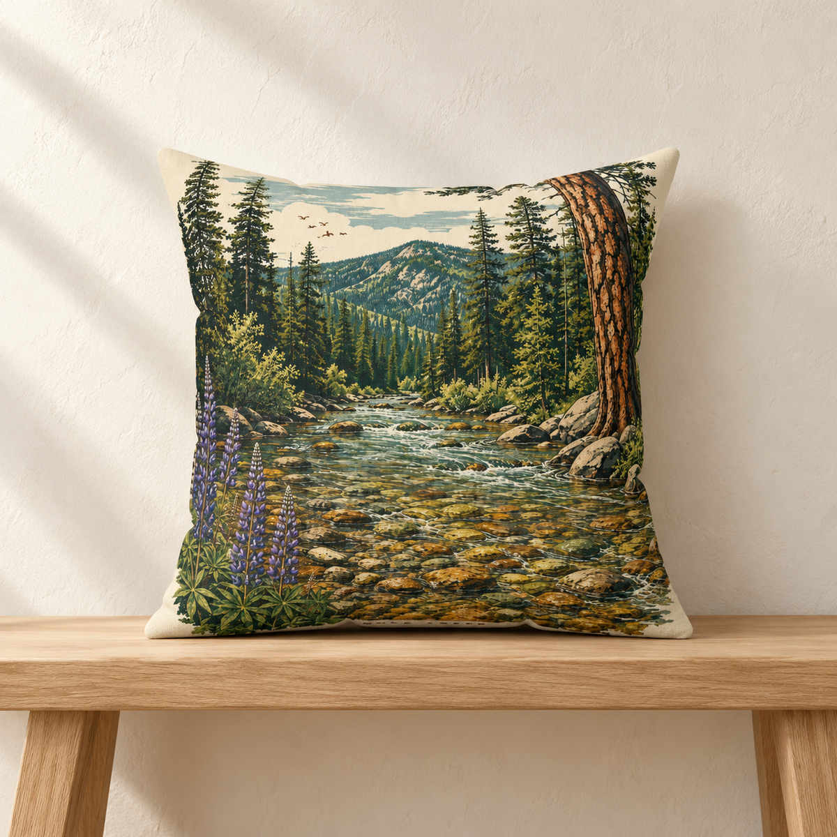 Creek landscape pillow styled on an oak bench