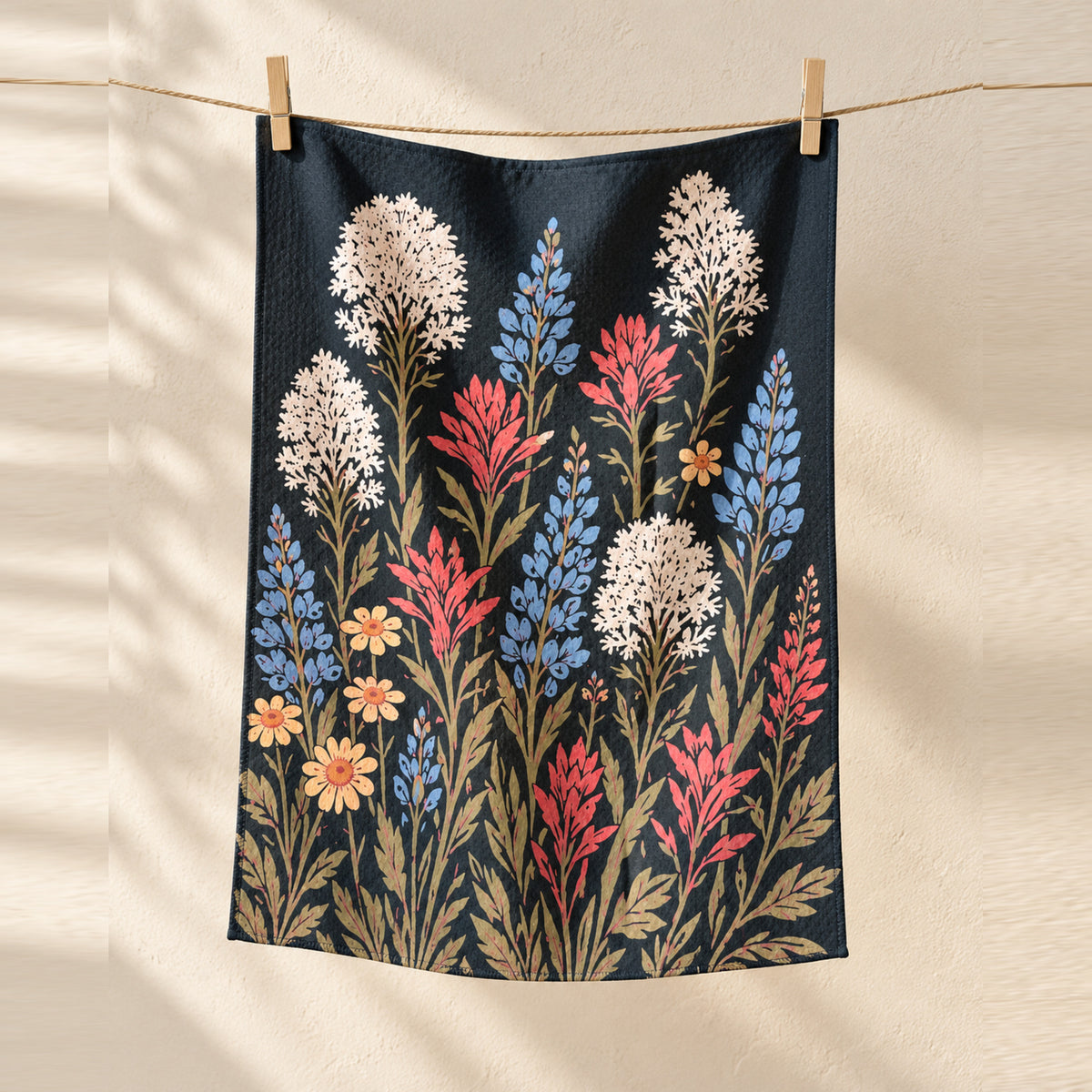 Night Meadow tea towel with cream, blue and red wildflowers hanging against a cream wall