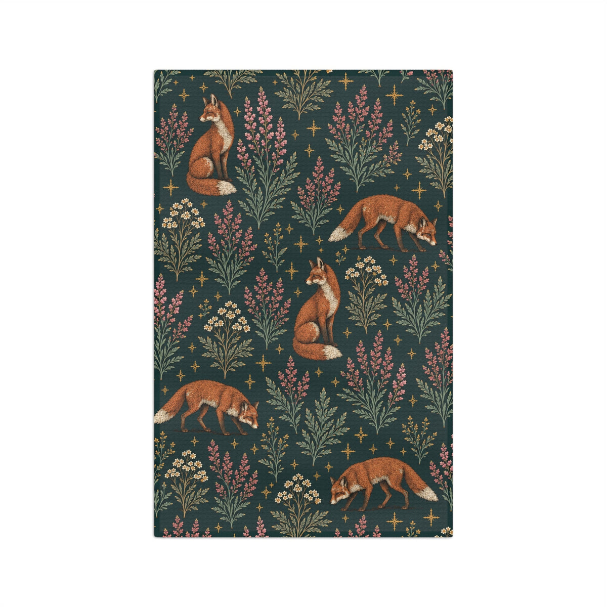 Flat front view of the dark Fox and Heather woodland tea towel